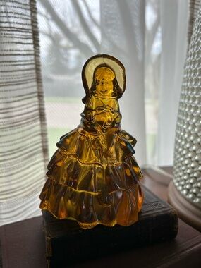 Amber Glass Lady Figurine - Decorative Ruffled Dress Statue